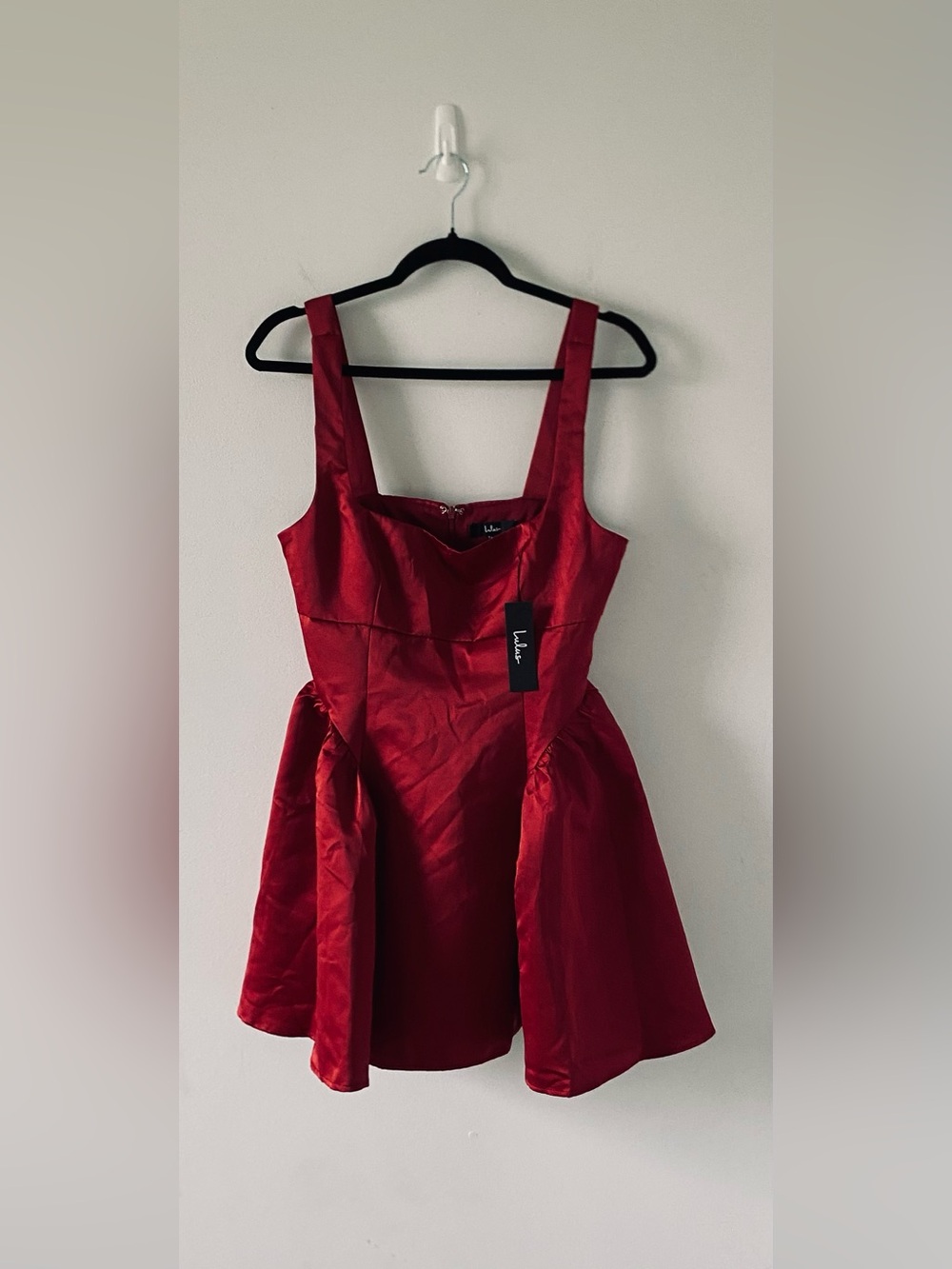 NWT Lulus Adorable Promise Wine Red Satin Square Neck Skater Mini Dress M